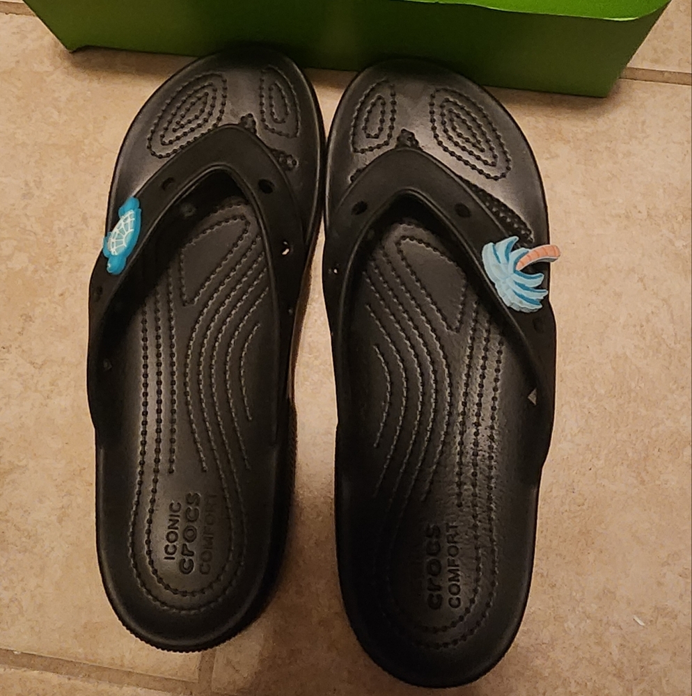 CROCS Black Flip Flops with Decorative Charms